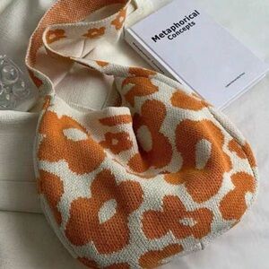 Orange and Cream Floral Knit Bag